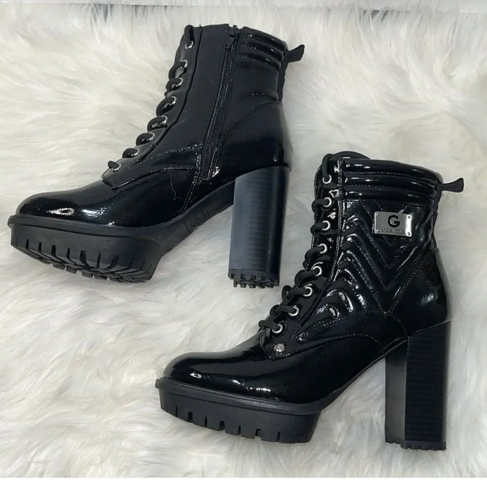 Guess women’s Lace Up Combat Patent Platforms Boots Quilted Chunky Block Heeled